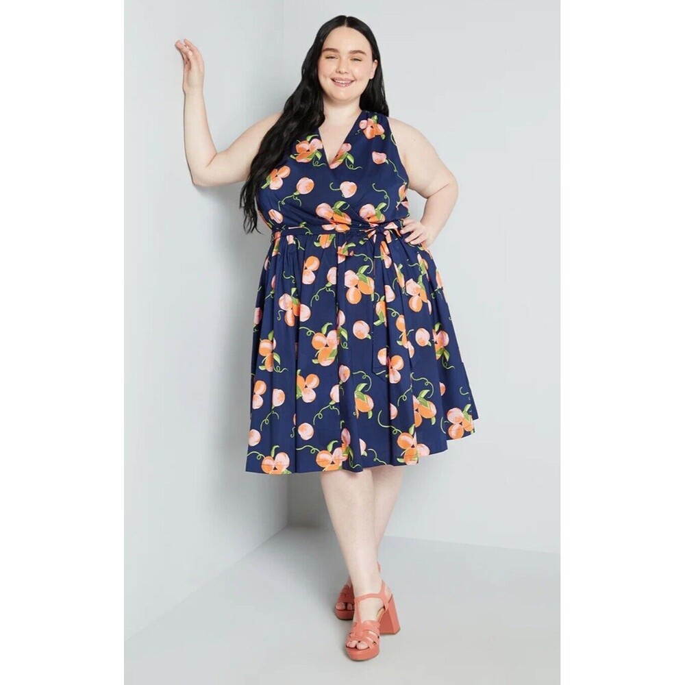 Modcloth "Instant Energy" Faux Wrap Midi Dress in "Navy Peaches" Size 0 NWT!!!